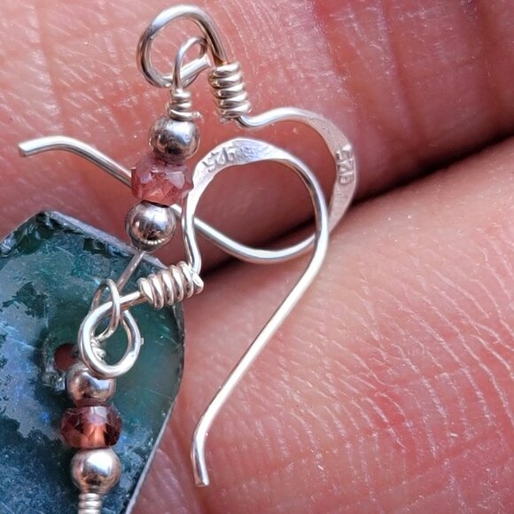 New handmade sterling silver 925 blue green sea glass dangle earrings - Picture 4 of 16